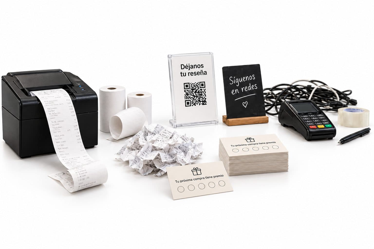 Lo de siempre: impresora de tickets, rollos de papel, cartel con QR de reseñas, carteles de redes, tarjetas de sellos de cartón, datáfono y cables