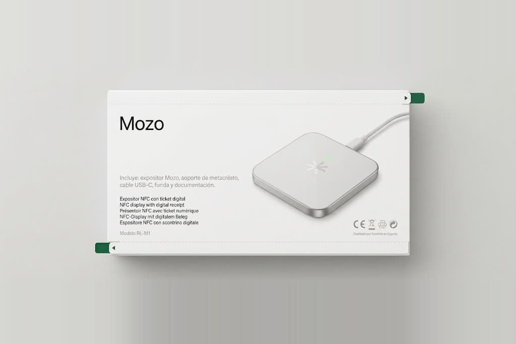 Caja de Mozo: incluye expositor, soporte de metacrilato, cable USB-C, funda y documentación